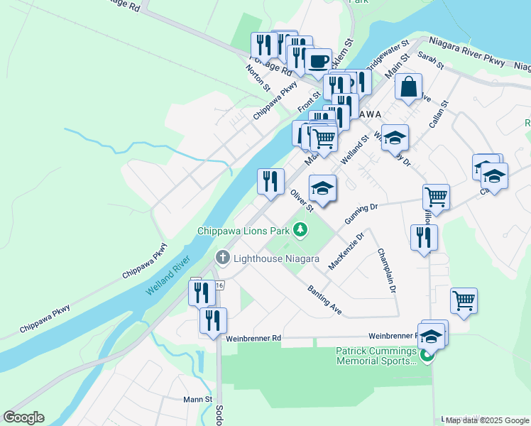 map of restaurants, bars, coffee shops, grocery stores, and more near 4036 Main Street in Niagara Falls