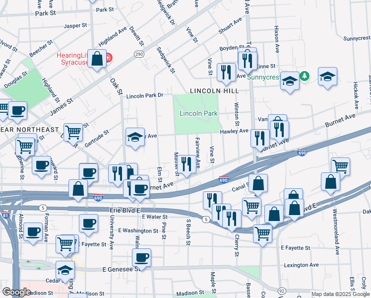 map of restaurants, bars, coffee shops, grocery stores, and more near 335 North Beech Street in Syracuse