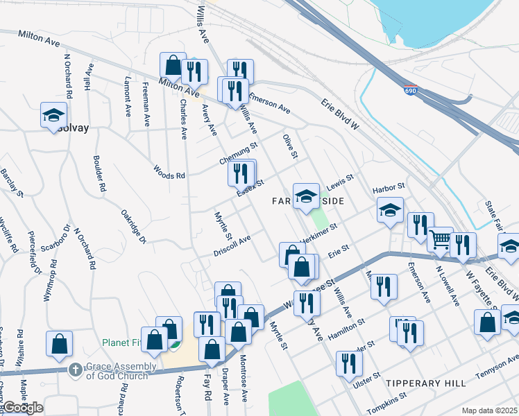 map of restaurants, bars, coffee shops, grocery stores, and more near 912 Avery Avenue in Syracuse