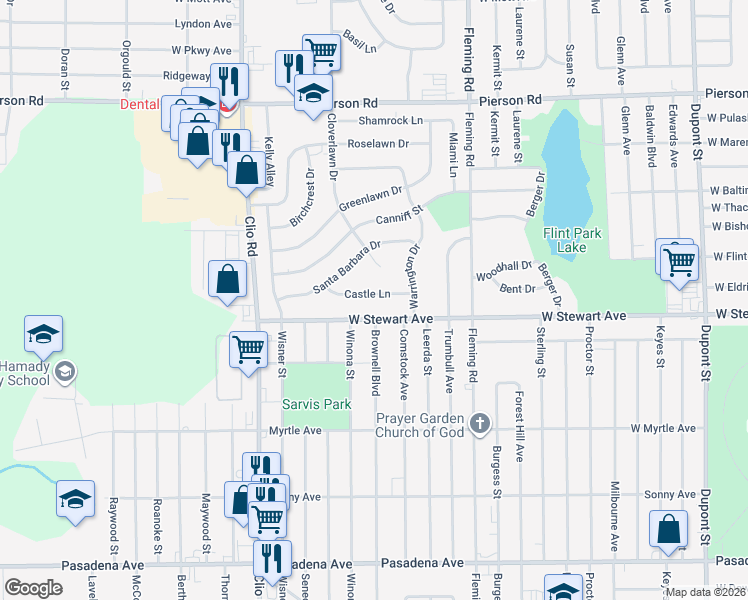 map of restaurants, bars, coffee shops, grocery stores, and more near 2001 Castle Lane in Flint