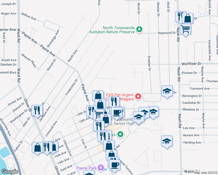 map of restaurants, bars, coffee shops, grocery stores, and more near 1132 Marcia Drive in North Tonawanda