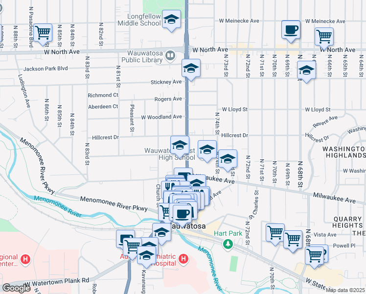 map of restaurants, bars, coffee shops, grocery stores, and more near 1819 North Wauwatosa Avenue in Wauwatosa