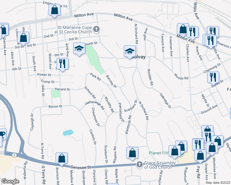 map of restaurants, bars, coffee shops, grocery stores, and more near 107 Piercefield Dr in Syracuse
