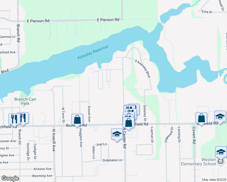 map of restaurants, bars, coffee shops, grocery stores, and more near 3257 Center Road in Flint