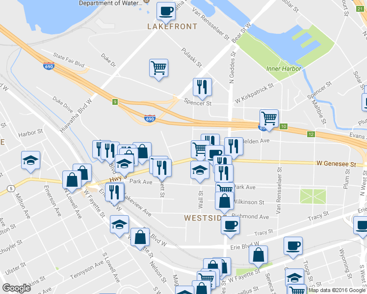 map of restaurants, bars, coffee shops, grocery stores, and more near 1225-29 West Belden Avenue in Syracuse
