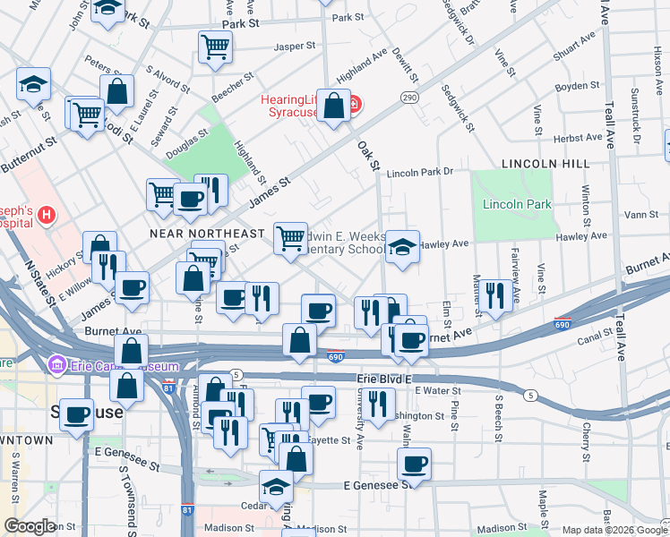 map of restaurants, bars, coffee shops, grocery stores, and more near 106 Fountain Street in Syracuse