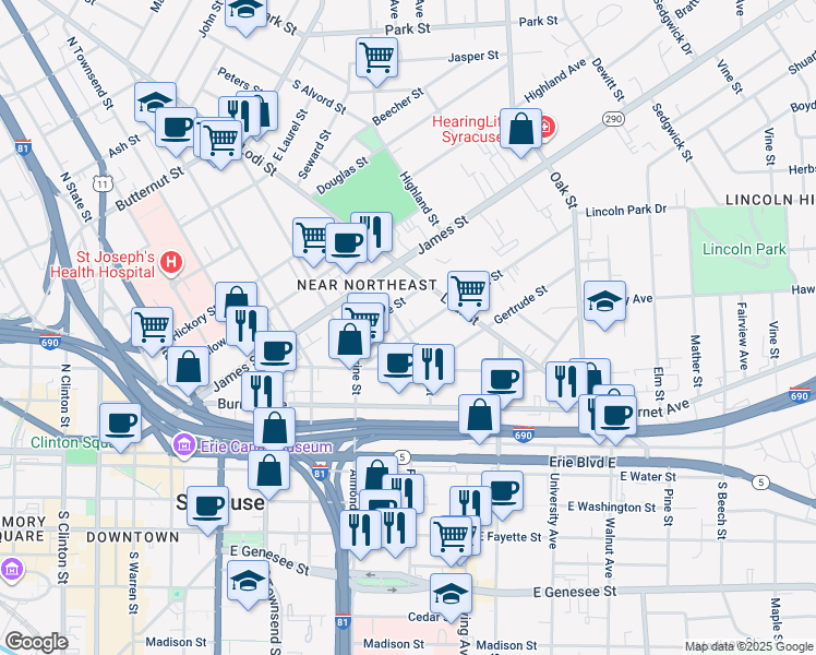 map of restaurants, bars, coffee shops, grocery stores, and more near 201 Green Street in Syracuse