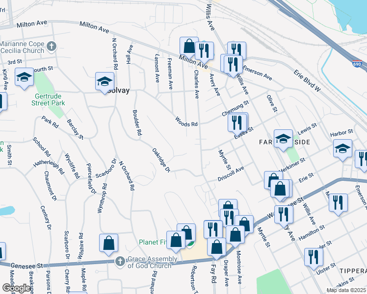 map of restaurants, bars, coffee shops, grocery stores, and more near 105 Upland Circle Drive in Syracuse