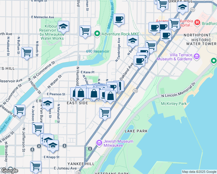 map of restaurants, bars, coffee shops, grocery stores, and more near 1805 North Warren Avenue in Milwaukee