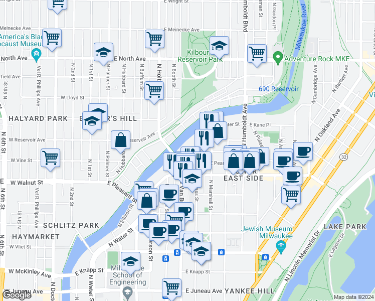 map of restaurants, bars, coffee shops, grocery stores, and more near 1781 North Water Street in Milwaukee