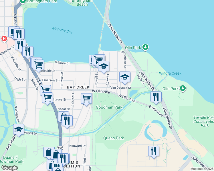 map of restaurants, bars, coffee shops, grocery stores, and more near 224 Van Deusen Street in Madison