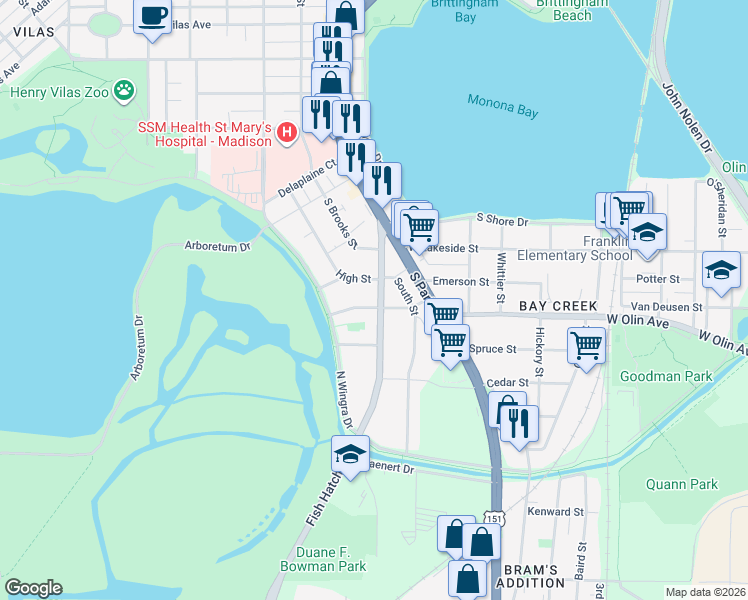 map of restaurants, bars, coffee shops, grocery stores, and more near 1014 Midland Street in Madison