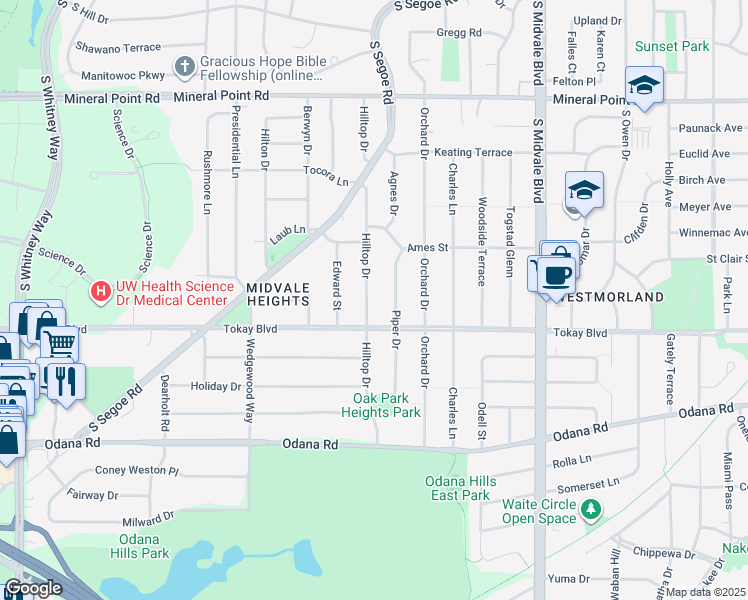 map of restaurants, bars, coffee shops, grocery stores, and more near 529 Hilltop Drive in Madison
