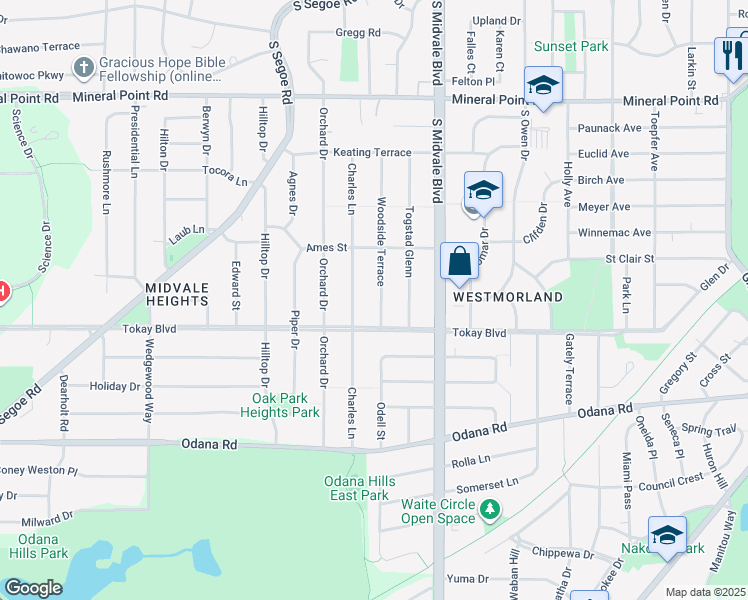 map of restaurants, bars, coffee shops, grocery stores, and more near 530 Woodside Terrace in Madison