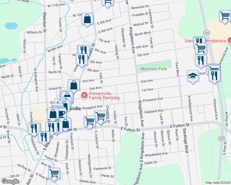 map of restaurants, bars, coffee shops, grocery stores, and more near 97 1st Avenue in Gloversville
