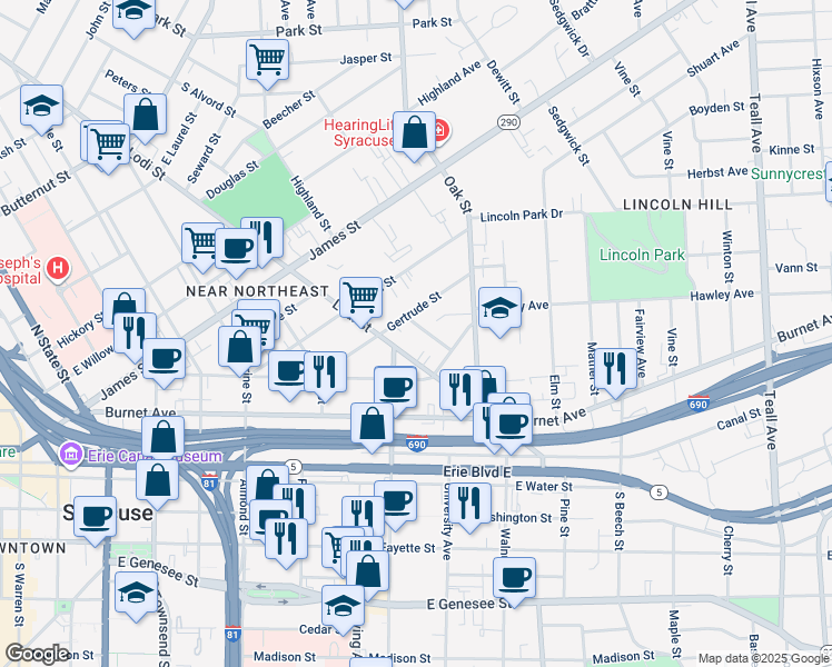 map of restaurants, bars, coffee shops, grocery stores, and more near 106 Fountain Street in Syracuse