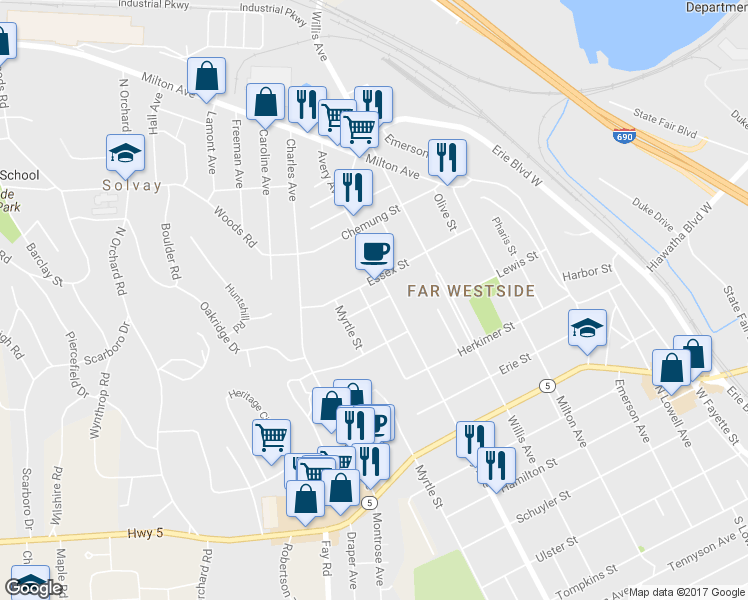 map of restaurants, bars, coffee shops, grocery stores, and more near 302 Hayden Avenue in Syracuse