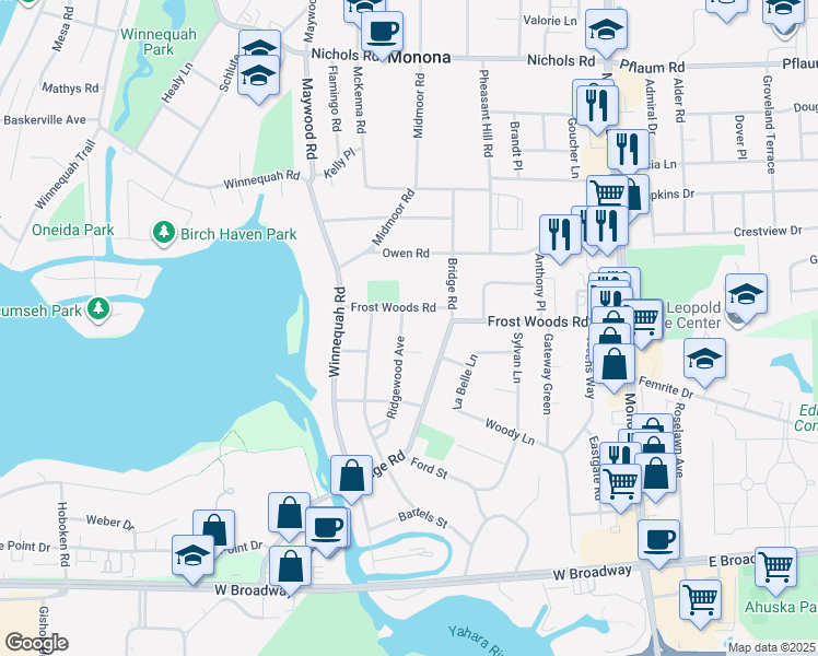 map of restaurants, bars, coffee shops, grocery stores, and more near 6004 Ridgewood Avenue in Monona