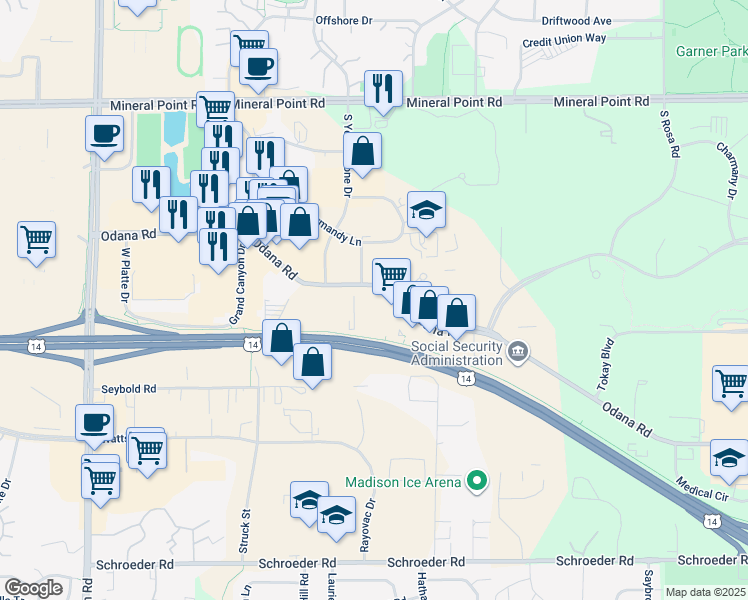 map of restaurants, bars, coffee shops, grocery stores, and more near 6501 Odana Rd in Madison