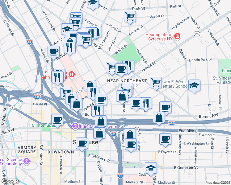 map of restaurants, bars, coffee shops, grocery stores, and more near 650 James Street in Syracuse