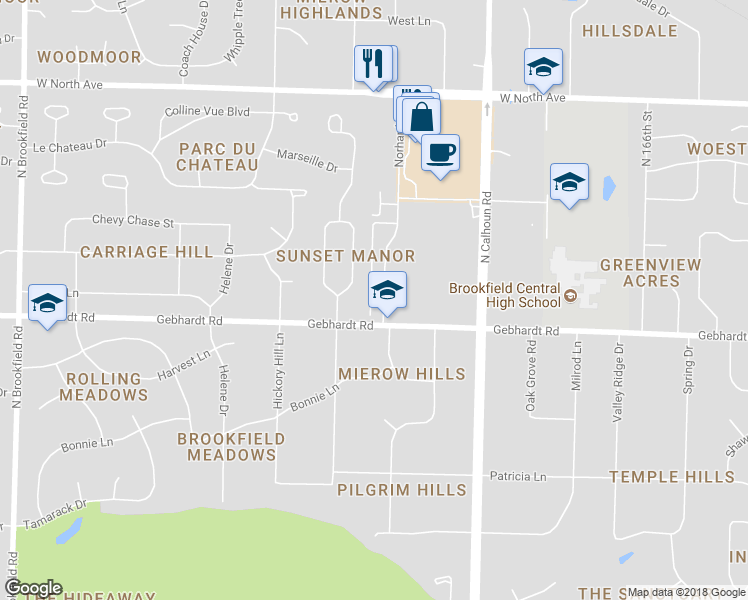 map of restaurants, bars, coffee shops, grocery stores, and more near 21815 Norhardt Drive in Brookfield