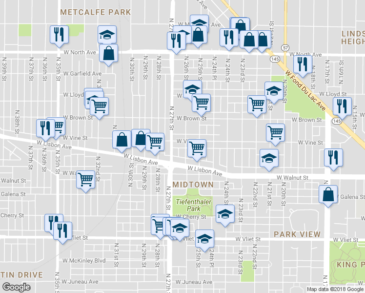 map of restaurants, bars, coffee shops, grocery stores, and more near 1853 North 26th Street in Milwaukee