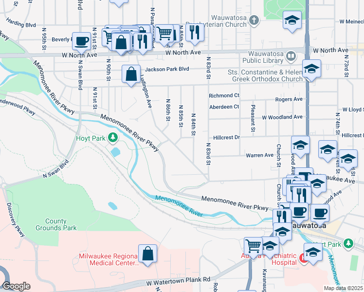 map of restaurants, bars, coffee shops, grocery stores, and more near 1854 Ludington Avenue in Wauwatosa