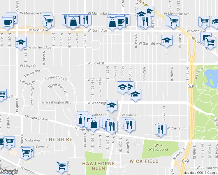 map of restaurants, bars, coffee shops, grocery stores, and more near 1808 North 57th Street in Milwaukee