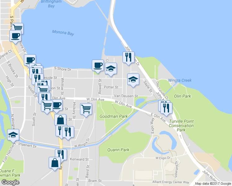map of restaurants, bars, coffee shops, grocery stores, and more near 224 Van Deusen Street in Madison