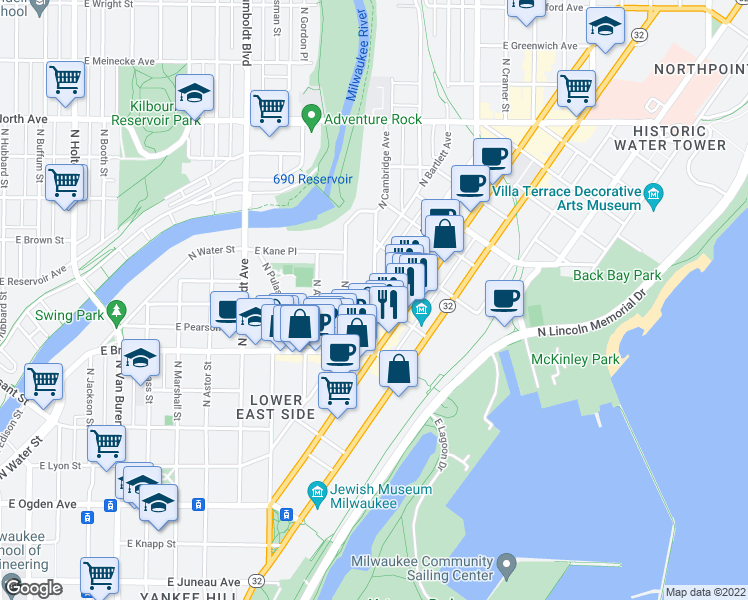 map of restaurants, bars, coffee shops, grocery stores, and more near N Cambridge Ave & E Royall Pl in Milwaukee