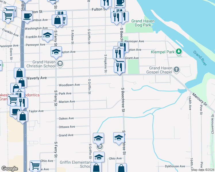 map of restaurants, bars, coffee shops, grocery stores, and more near 1400 Woodlawn Avenue in Grand Haven