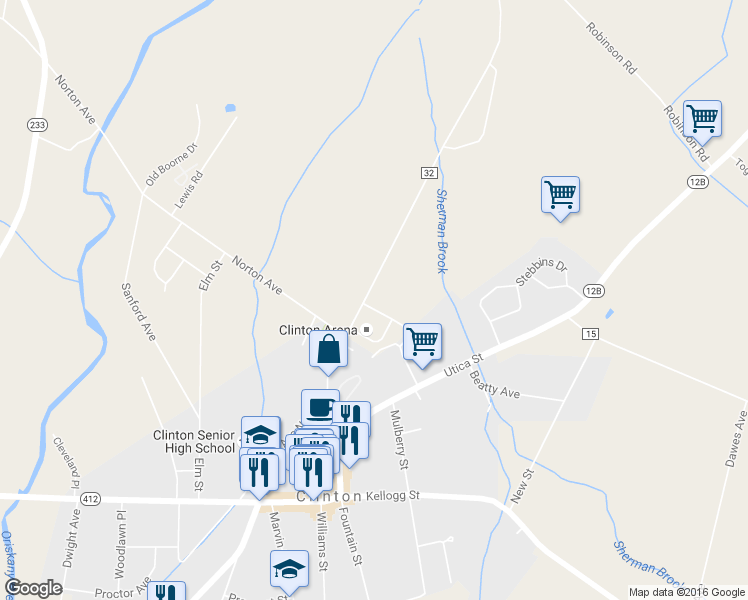 map of restaurants, bars, coffee shops, grocery stores, and more near 1 McBride Avenue in Clinton