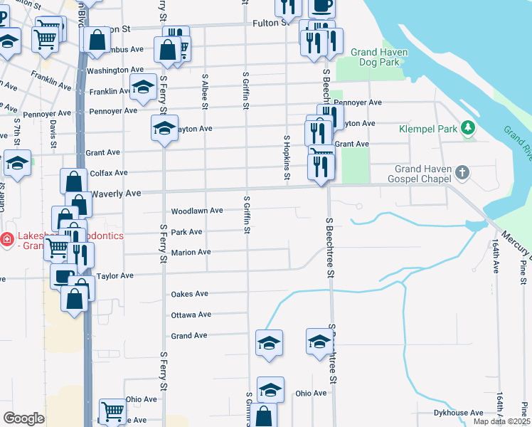 map of restaurants, bars, coffee shops, grocery stores, and more near 1326 Woodlawn Avenue in Grand Haven