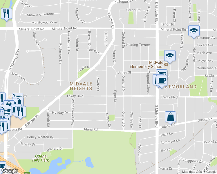 map of restaurants, bars, coffee shops, grocery stores, and more near 529 Hilltop Drive in Madison
