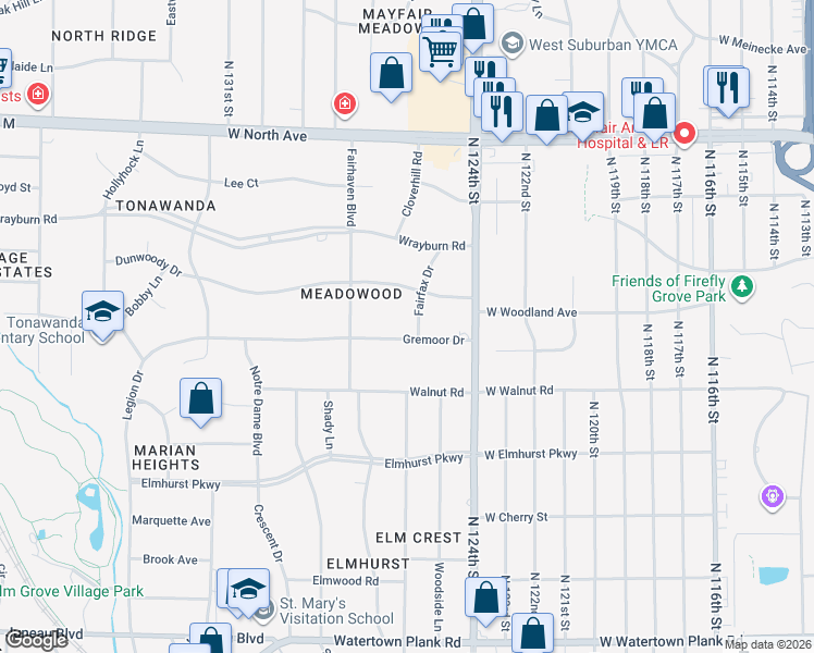 map of restaurants, bars, coffee shops, grocery stores, and more near 12600 Gremoor Drive in Elm Grove