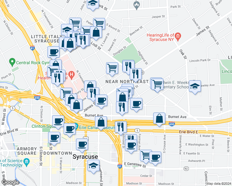 map of restaurants, bars, coffee shops, grocery stores, and more near 650 James Street in Syracuse