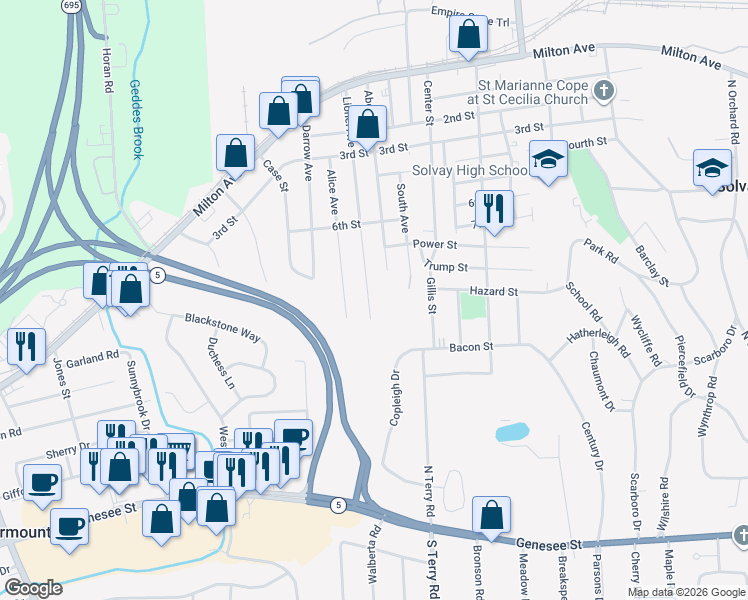 map of restaurants, bars, coffee shops, grocery stores, and more near 435 Lionel Avenue in Syracuse