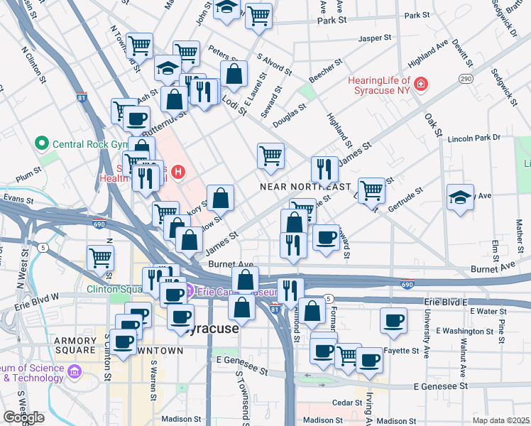 map of restaurants, bars, coffee shops, grocery stores, and more near 615 James Street in Syracuse