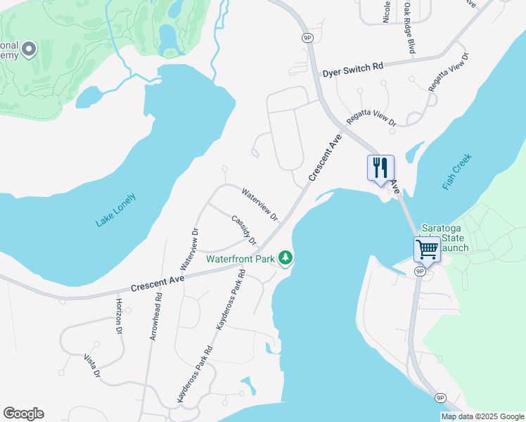 map of restaurants, bars, coffee shops, grocery stores, and more near 66 Waterview Drive in Saratoga Springs