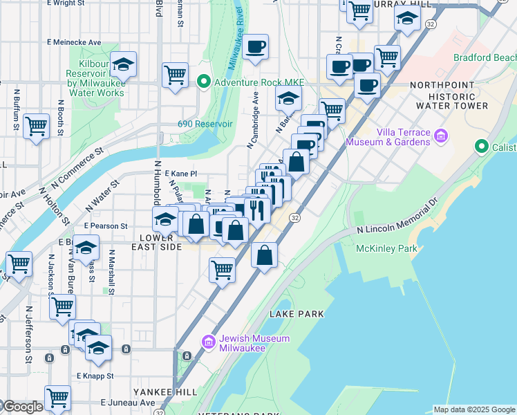 map of restaurants, bars, coffee shops, grocery stores, and more near 1809 North Oakland Avenue in Milwaukee