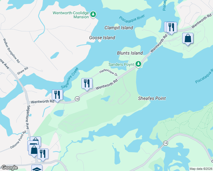 map of restaurants, bars, coffee shops, grocery stores, and more near New Hampshire 1B in Rye