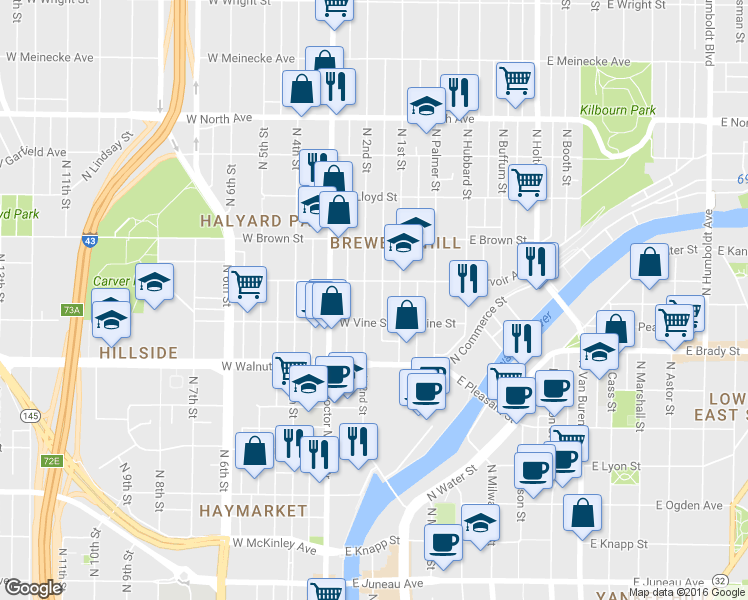 map of restaurants, bars, coffee shops, grocery stores, and more near 1830 North 2nd Street in Milwaukee