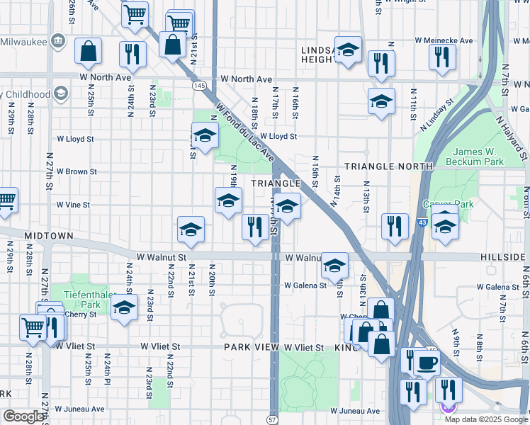 map of restaurants, bars, coffee shops, grocery stores, and more near 1713-1715 West Vine Street in Milwaukee