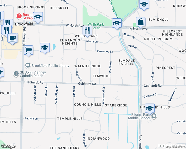 map of restaurants, bars, coffee shops, grocery stores, and more near 1800 Churchview Drive in Brookfield