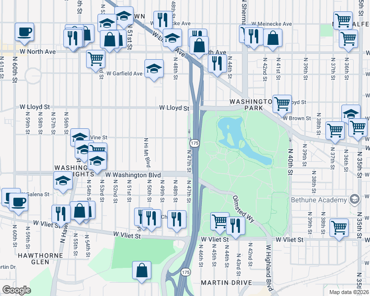 map of restaurants, bars, coffee shops, grocery stores, and more near 1808 North 48th Street in Milwaukee
