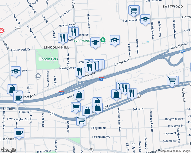 map of restaurants, bars, coffee shops, grocery stores, and more near 206 Greenway Avenue in Syracuse