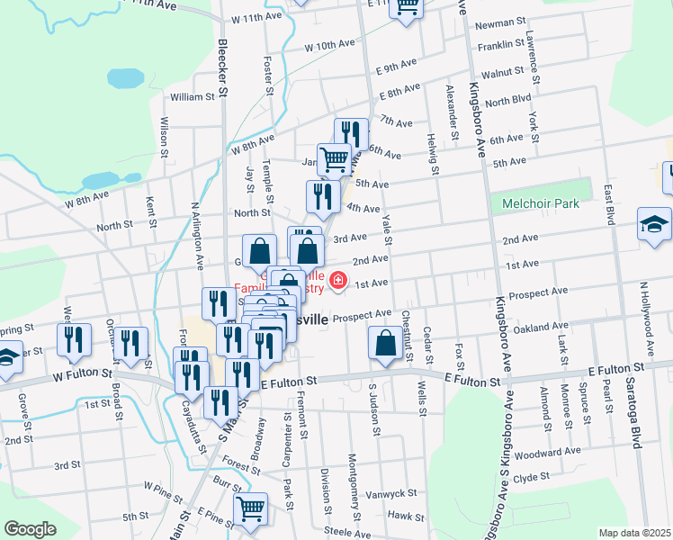 map of restaurants, bars, coffee shops, grocery stores, and more near 12 2nd Ave in Gloversville