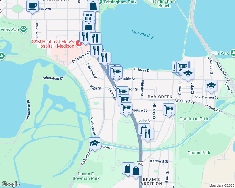 map of restaurants, bars, coffee shops, grocery stores, and more near 824 Midland Street in Madison