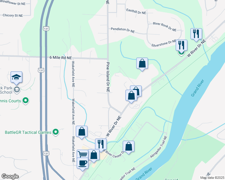 map of restaurants, bars, coffee shops, grocery stores, and more near 5014 Pine Island Drive Northeast in Comstock Park