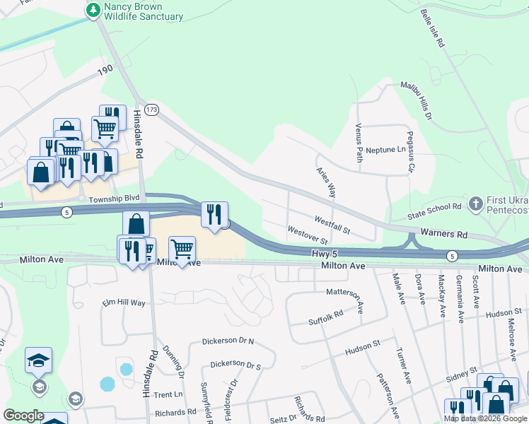 map of restaurants, bars, coffee shops, grocery stores, and more near 314 Westover Street in Syracuse